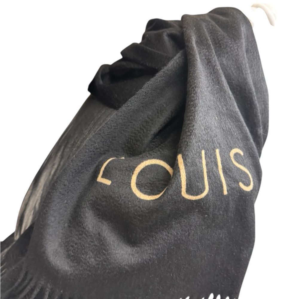 Louis Vuitton Black and Gold 100% Cashmere Large Logo Shawl Wrap Stole Auth - Picture 14 of 16